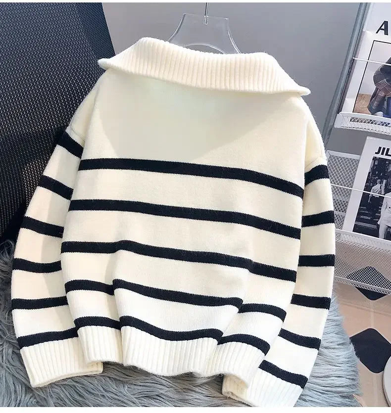 Striped Zip-Collar Knit Pullover