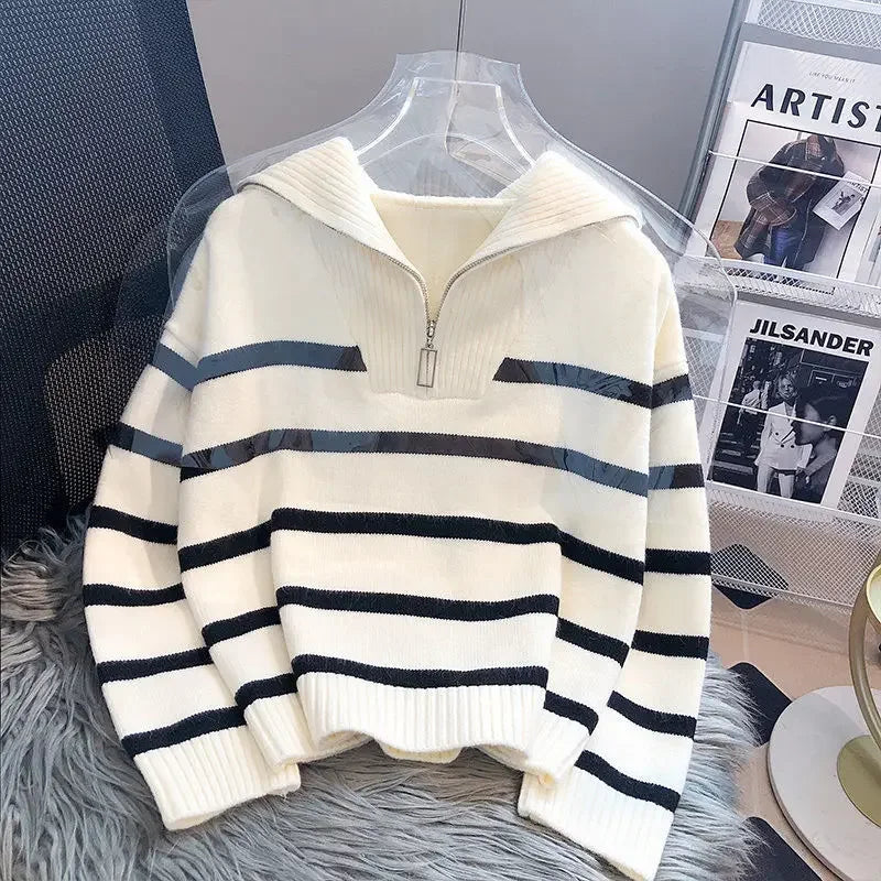 Striped Zip-Collar Knit Pullover
