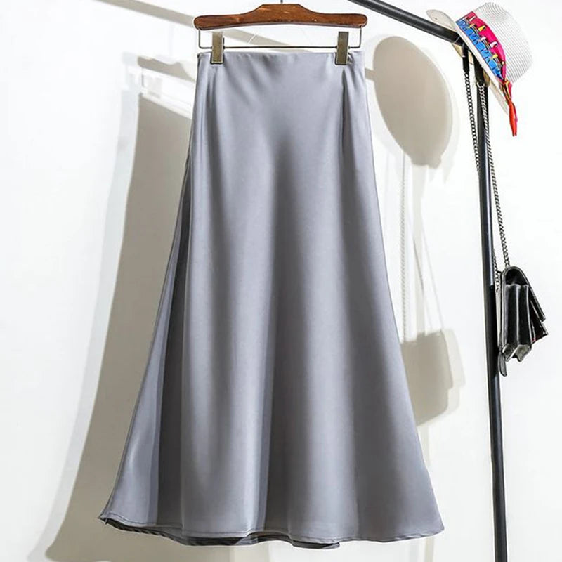 Summer Girls Solid Color Acetate Satin Skirts Lady Korean Slim Fit Thin Dress Female Classic High Waist Mid-Long Skirts