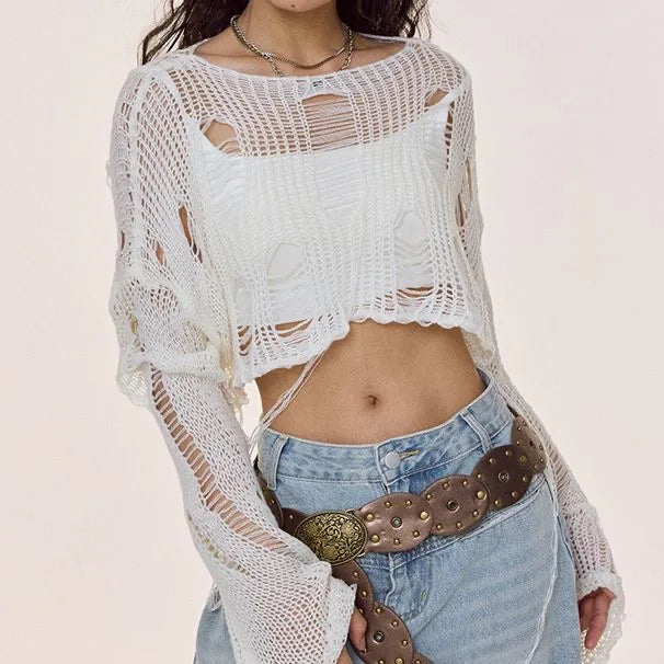 Y2K Hollow-Out Crop Sweater
