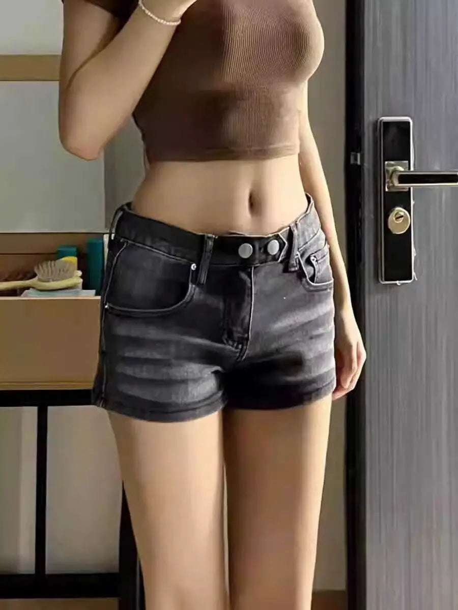 Grey Low-Waist Mini Denim Shorts