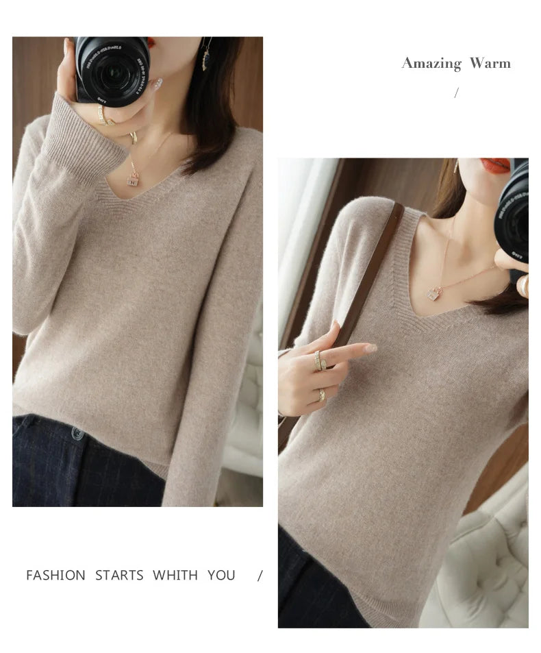 Lace-Neck Hollow-Out V-Neck Knit Pullover