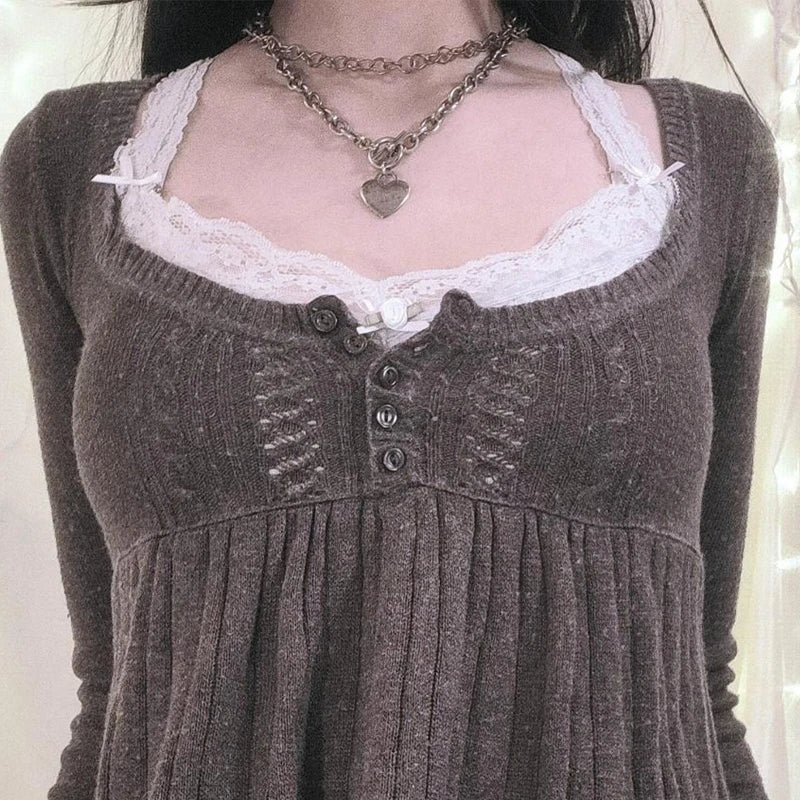 Y2K Babydoll Square-Neck Knit Pullover