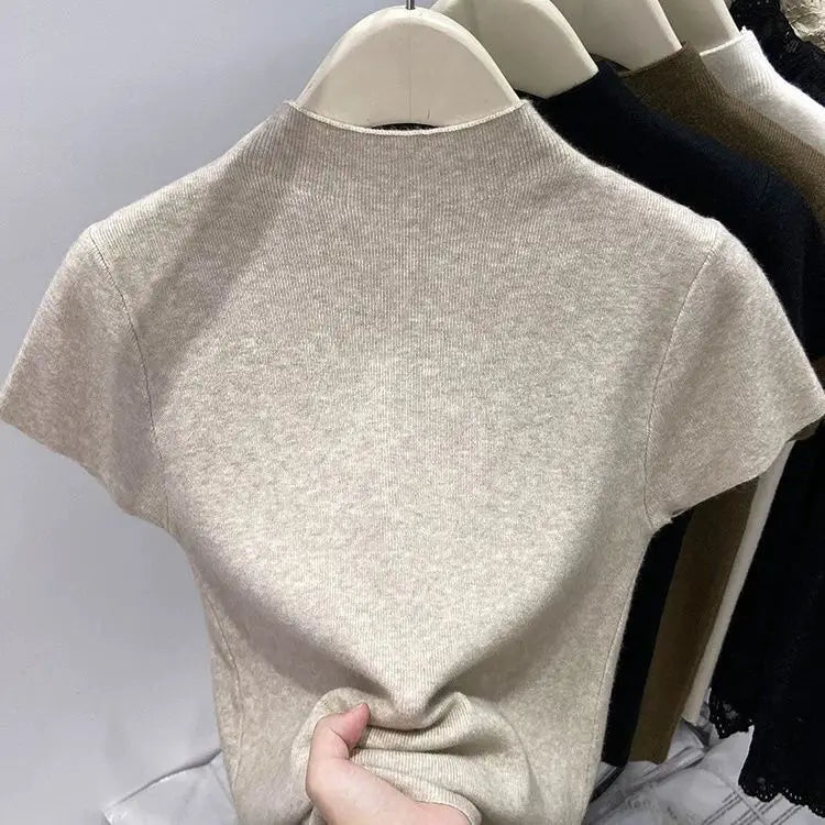 Slim Short-Sleeve Turtleneck Knit Top