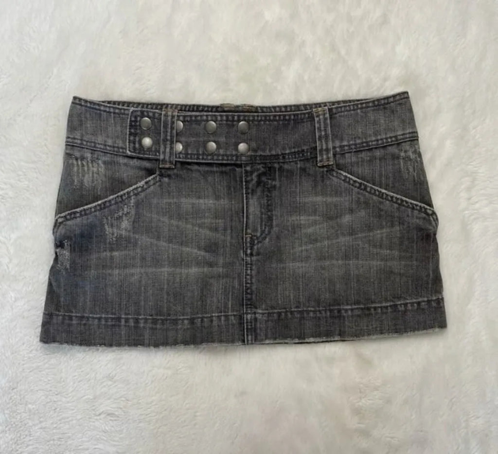 Y2K Adjustable Waist Mini Skirt Harajuku Hot Girl Solid Color Retro Gray Denim Skirt Women Gothic Slim Hip Low Waist Short Skirt