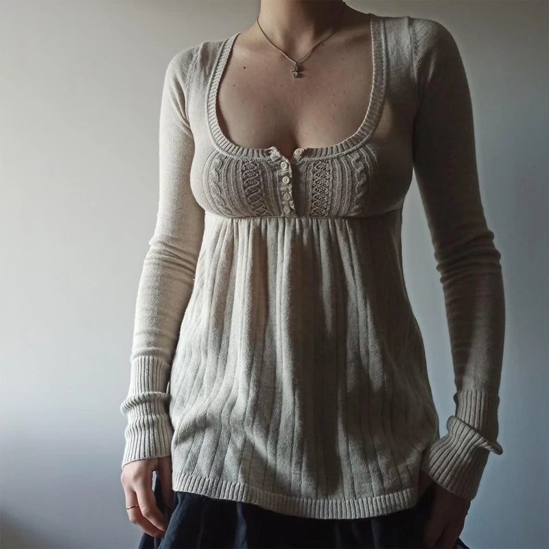 Y2K Babydoll Square-Neck Knit Pullover