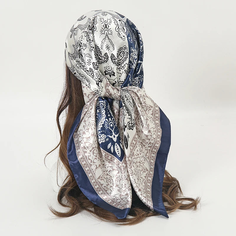 Satin Square Scarf Women Muslim Hijab Elegant 2025 Print Silk Neckerchief Shawl Wraps Headband Handle Hair Accessories Bandana