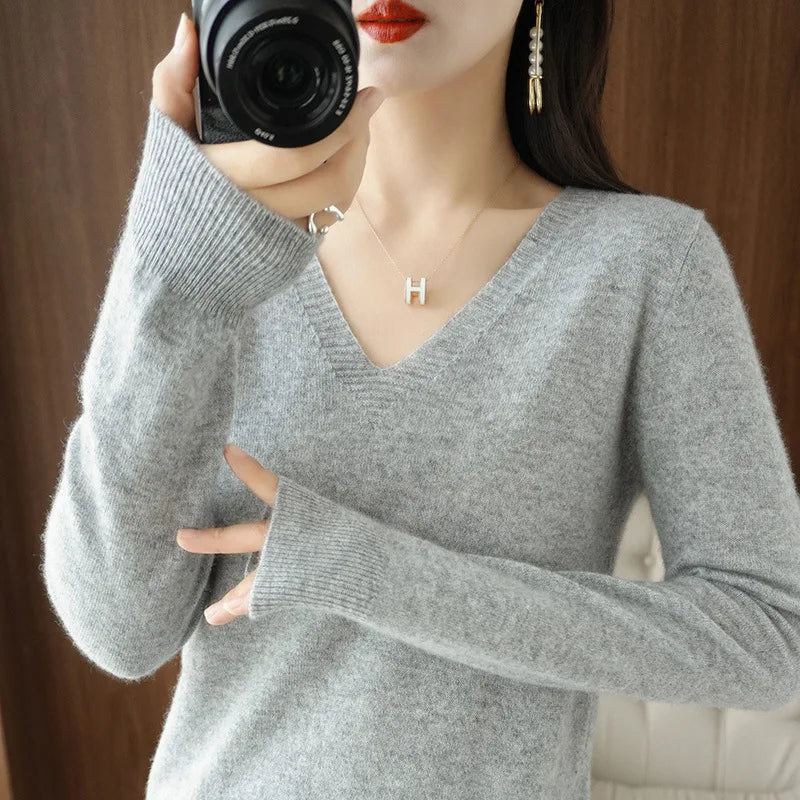 Lace-Neck Hollow-Out V-Neck Knit Pullover