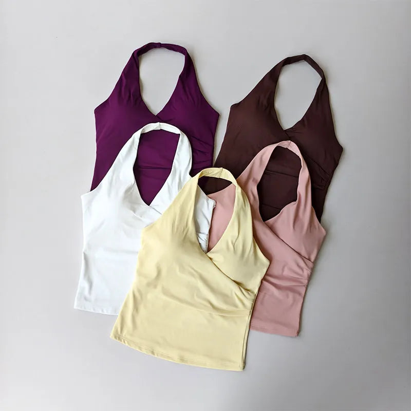 Sexy V-neck Cross Halter Neck with Chest Pad Yoga Vest Sleeveless Naked Sense Sports Fitness Bras Top Outer Wear Beautiful Back