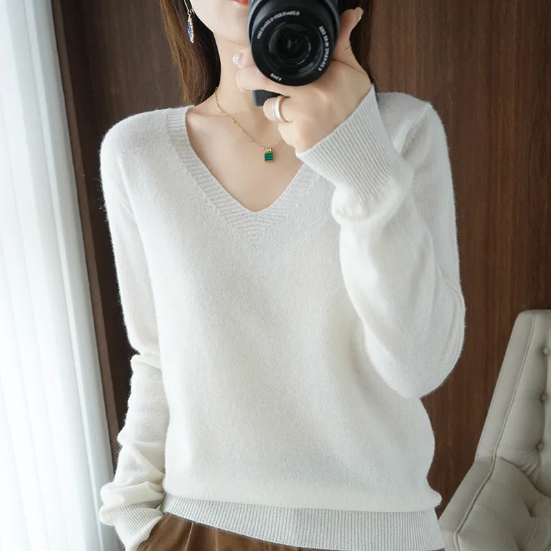 Lace-Neck Hollow-Out V-Neck Knit Pullover