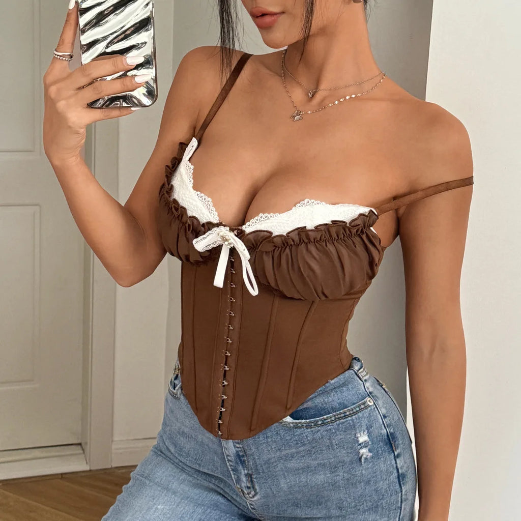 Sexy V Neck Y2K Crop Tops Lace Patchwork Pleated Bowknot Corset Top  Sexy Backless Slim Camisole Body Shape Fishbone Bustier