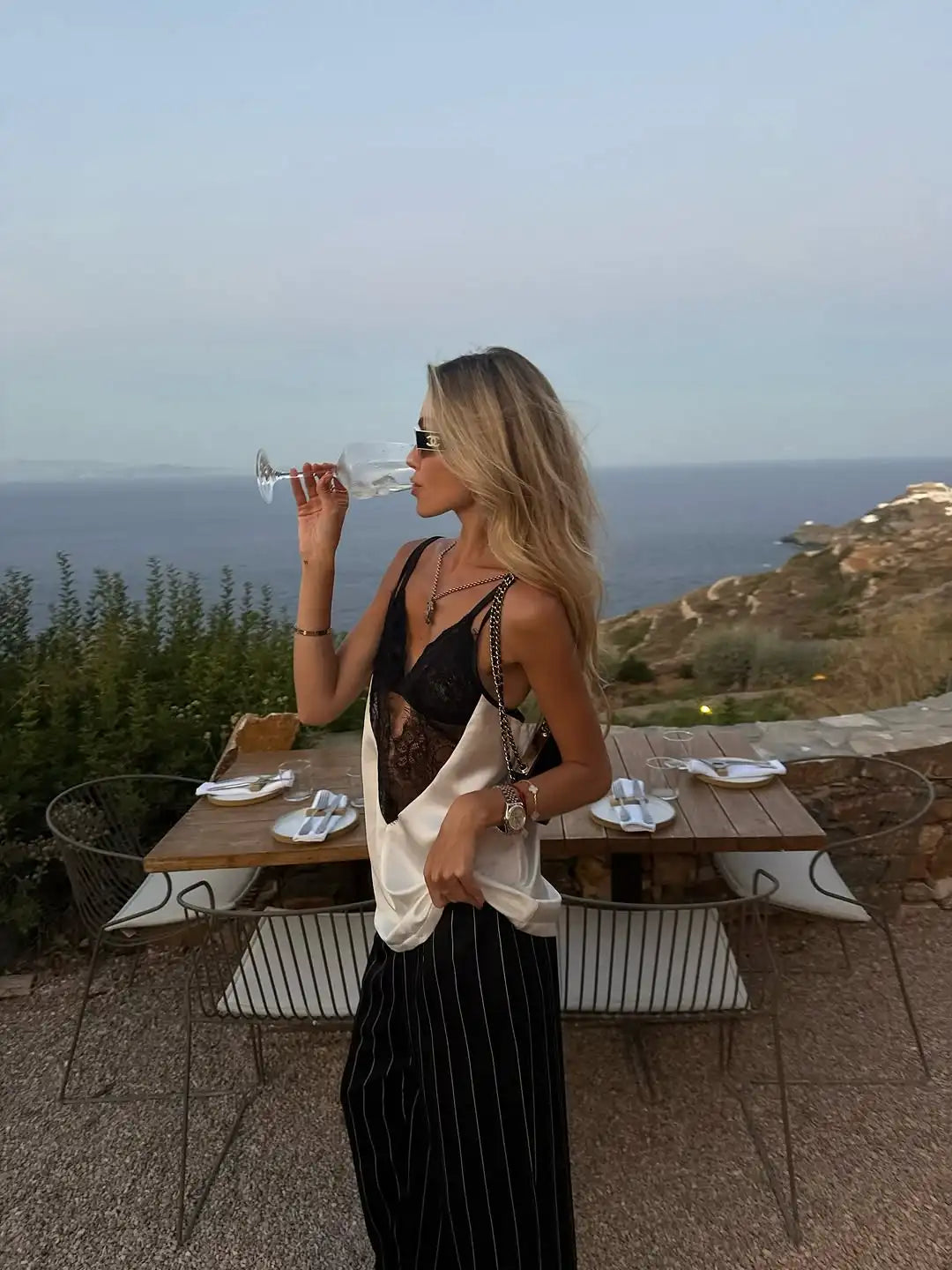 Lace Patchwork Sling Top Women Chic Deep V-neck Hollow-out Sleeveless Off-shoulder Short Blouse Lady 2025 Daily Highstreet Tops
