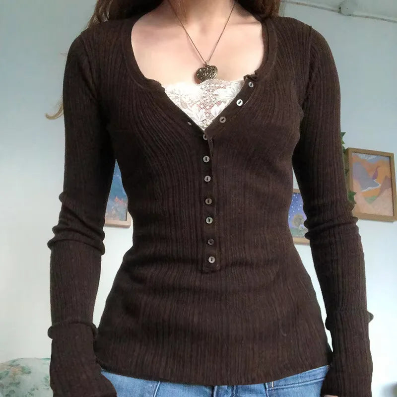 Y2K Babydoll Square-Neck Knit Pullover