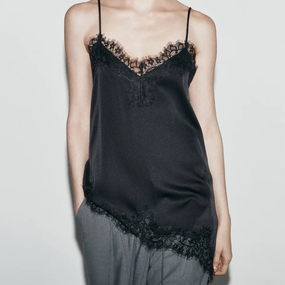 Asymmetric Backless Lace Tank Top