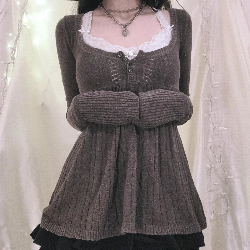 Y2K Babydoll Square-Neck Knit Pullover