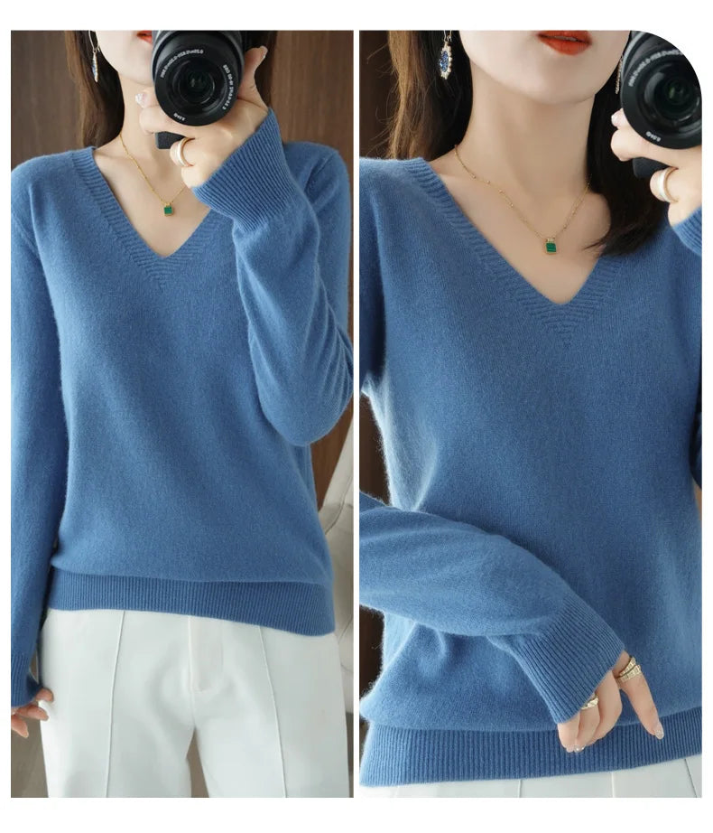 Lace-Neck Hollow-Out V-Neck Knit Pullover
