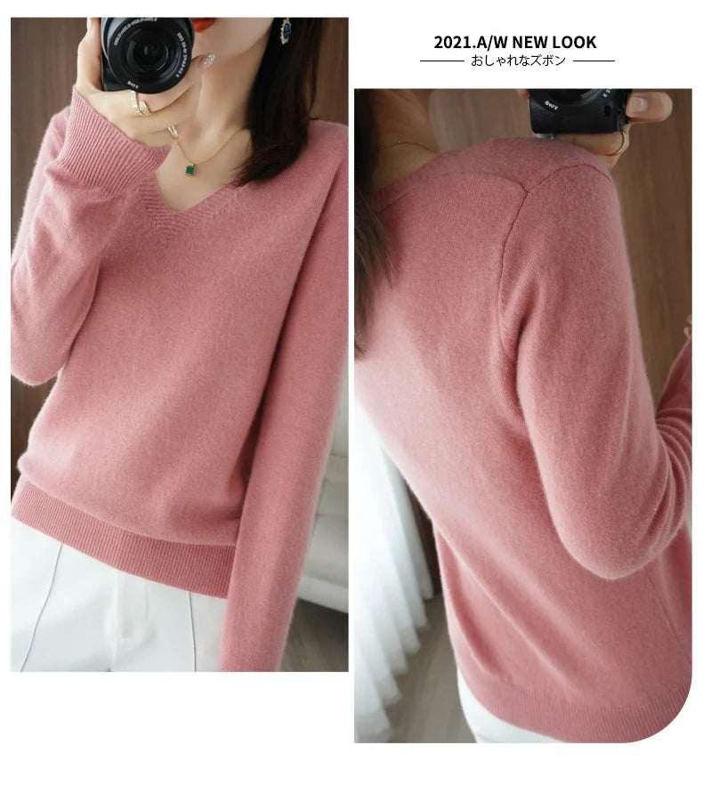 Lace-Neck Hollow-Out V-Neck Knit Pullover