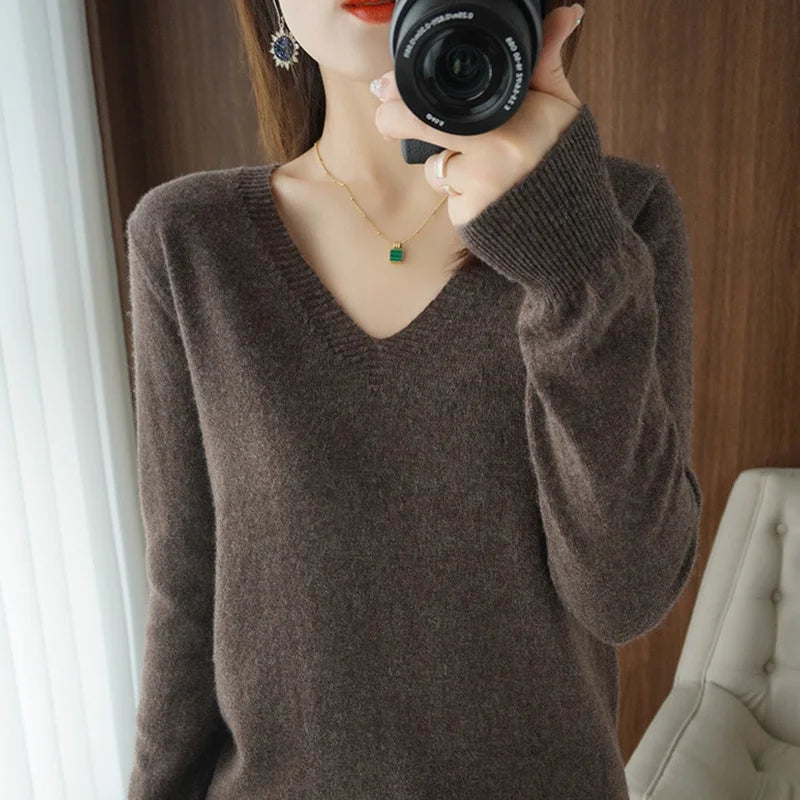 Lace-Neck Hollow-Out V-Neck Knit Pullover