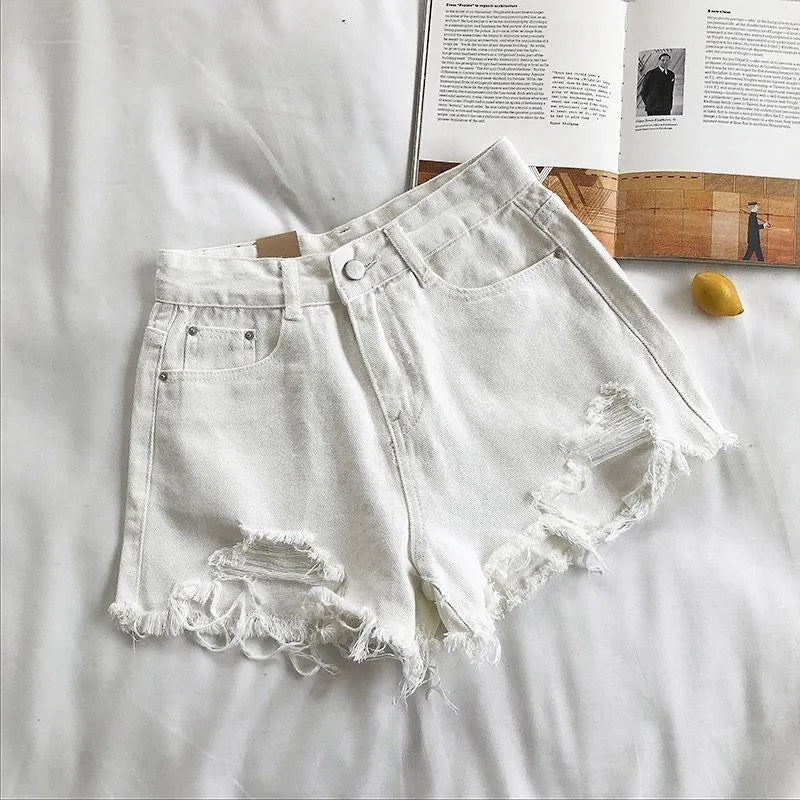High-Waist Ripped Tassel Denim Shorts