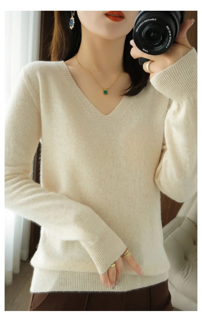 Lace-Neck Hollow-Out V-Neck Knit Pullover