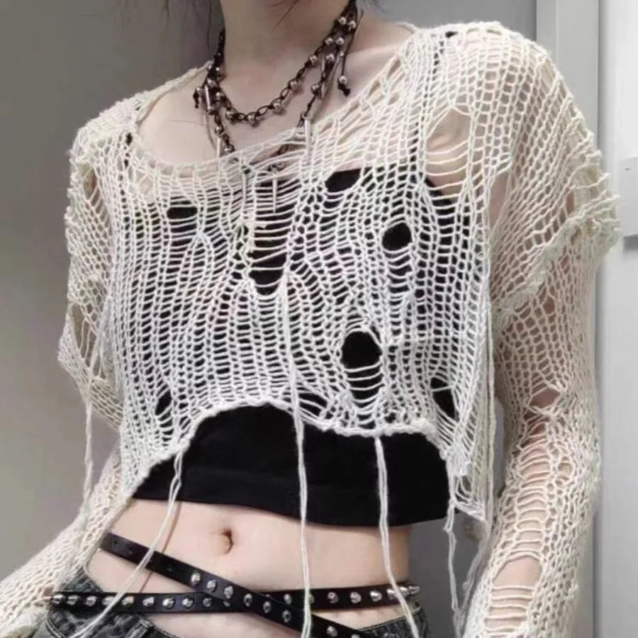 Y2K Hollow-Out Crop Sweater