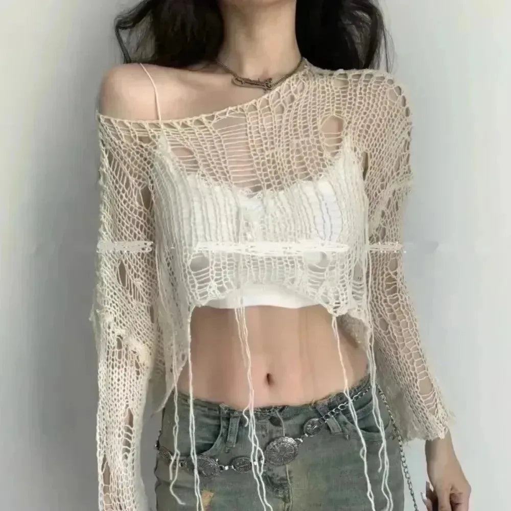 Y2K Hollow-Out Crop Sweater