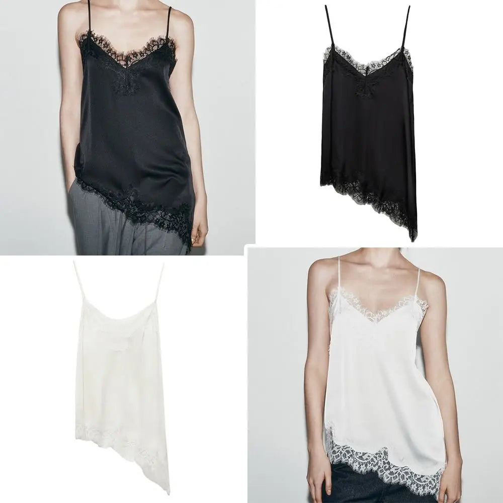 Chic Asymmetrical Lace Lace Patchwork Top Sexy Lace Sleeveless Camisole Tops Backless V Neck Backless Tops Summer Wear