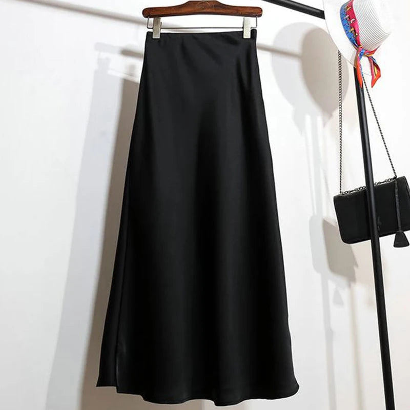 Summer Girls Solid Color Acetate Satin Skirts Lady Korean Slim Fit Thin Dress Female Classic High Waist Mid-Long Skirts