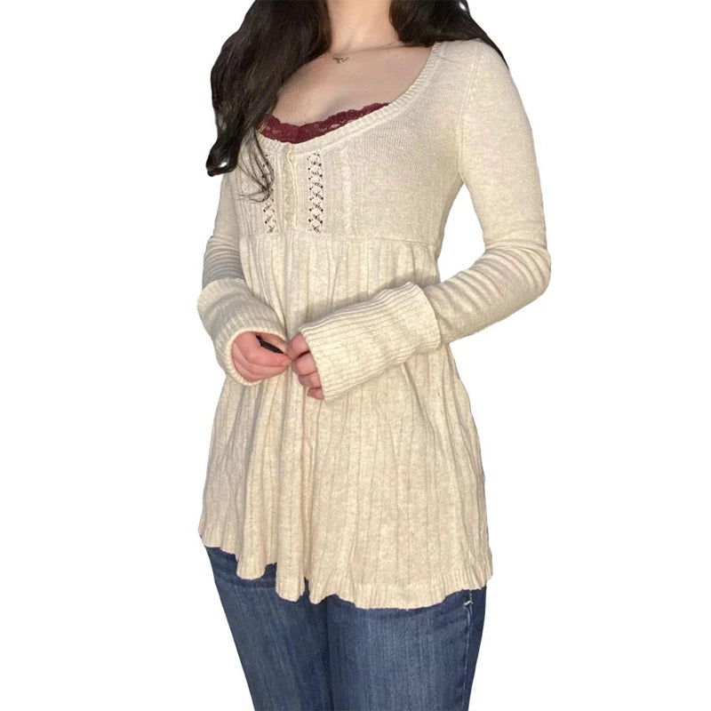 Y2K Babydoll Square-Neck Knit Pullover