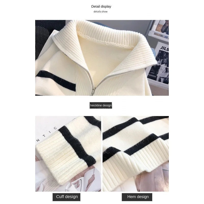 Striped Zip-Collar Knit Pullover