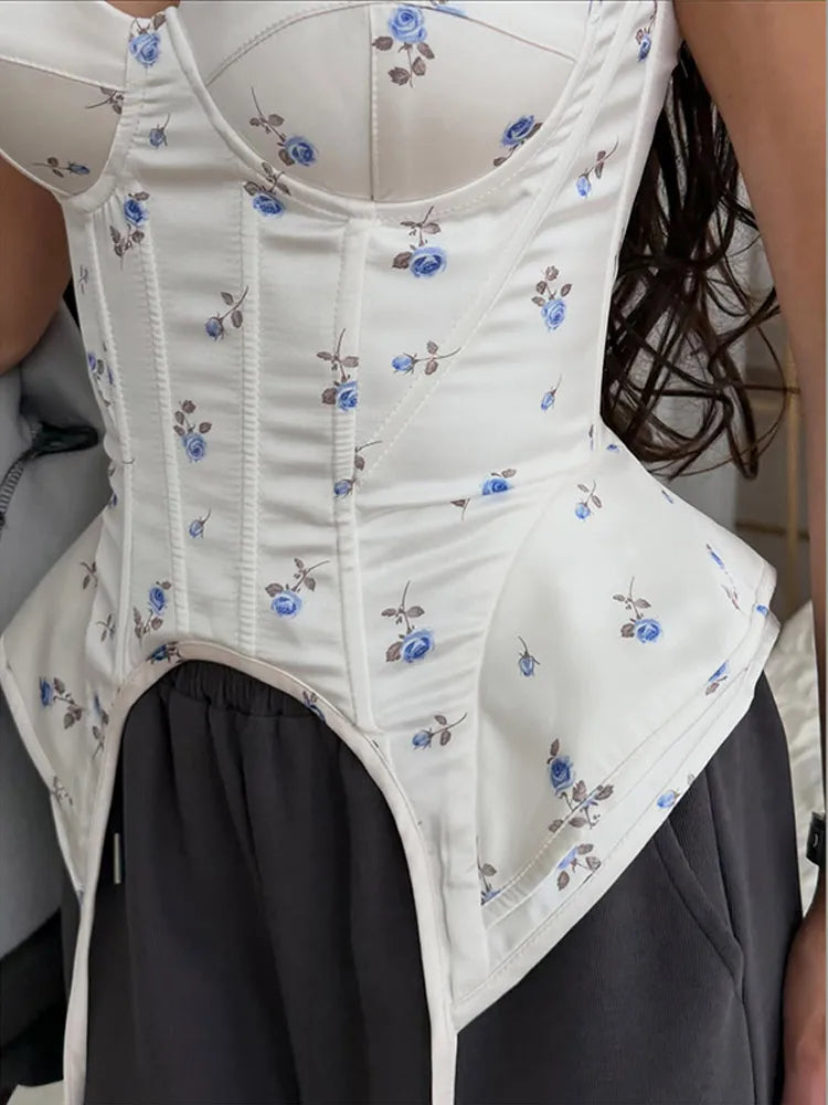 Floral Print Corset Cami Top Sweetheart Neckline Irregular Hem 2026 Summer Casual Women Bustier Fashion Versatile Lady Outwear