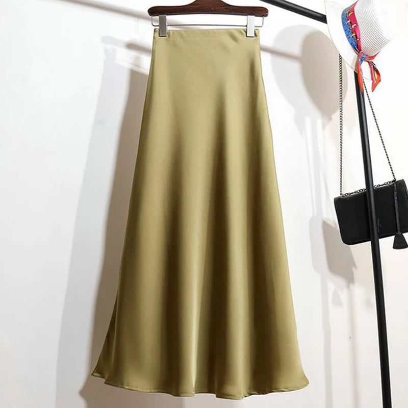Summer Girls Solid Color Acetate Satin Skirts Lady Korean Slim Fit Thin Dress Female Classic High Waist Mid-Long Skirts