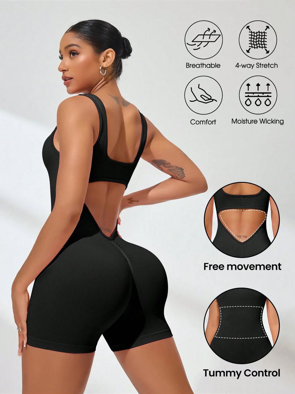 Sexy V Back Scrunch Sports Jumpsuit Women Gym Rompers Sleeveless Sportswear Bodysuits Women Casual One-Piece Suit Yoga Clothing