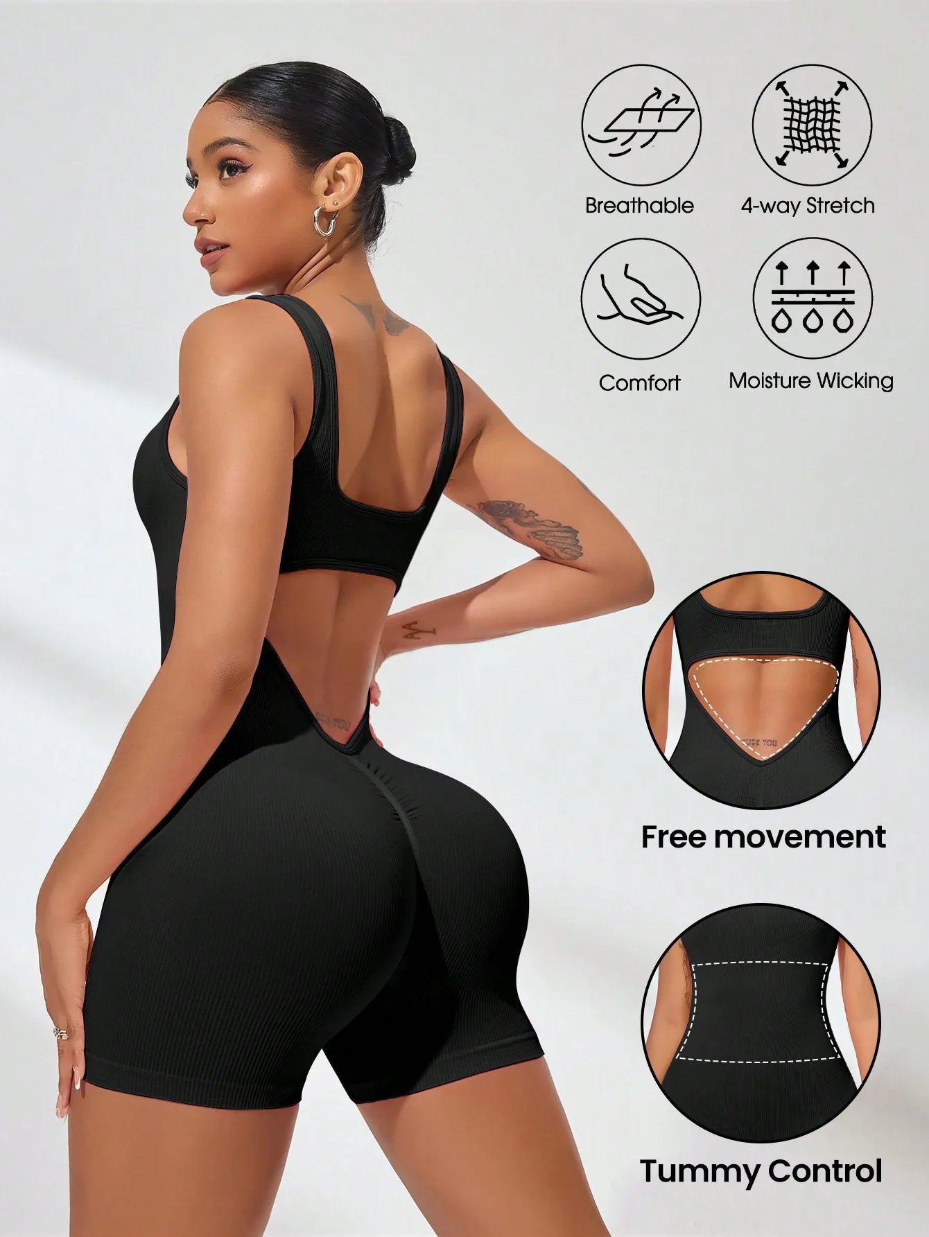 Sexy V Back Scrunch Sports Jumpsuit Women Gym Rompers Sleeveless Sportswear Bodysuits Women Casual One-Piece Suit Yoga Clothing