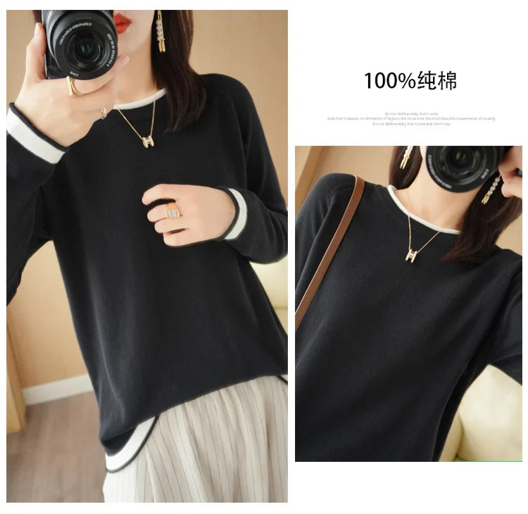Cotton Round-Neck Loose Knit Sweater