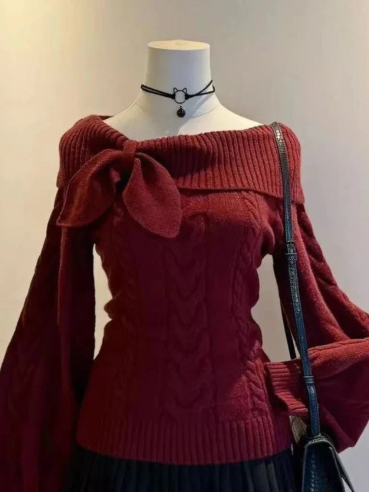 Bow Off-Shoulder Knit Sweater