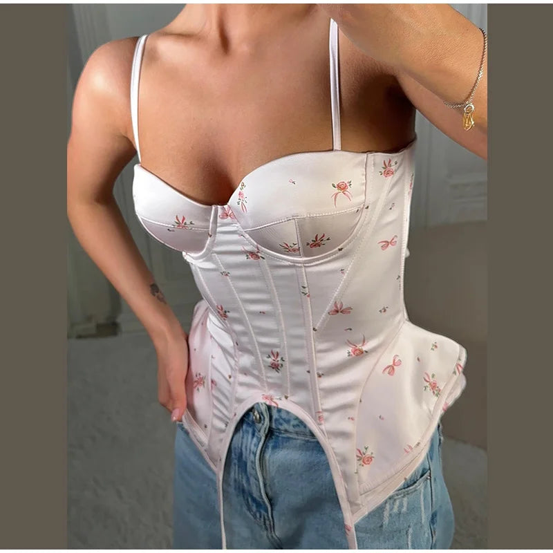 Floral Print Corset Cami Top Sweetheart Neckline Irregular Hem 2026 Summer Casual Women Bustier Fashion Versatile Lady Outwear