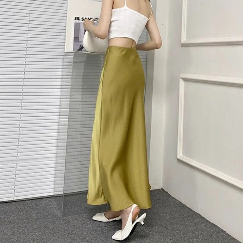 Summer Girls Solid Color Acetate Satin Skirts Lady Korean Slim Fit Thin Dress Female Classic High Waist Mid-Long Skirts