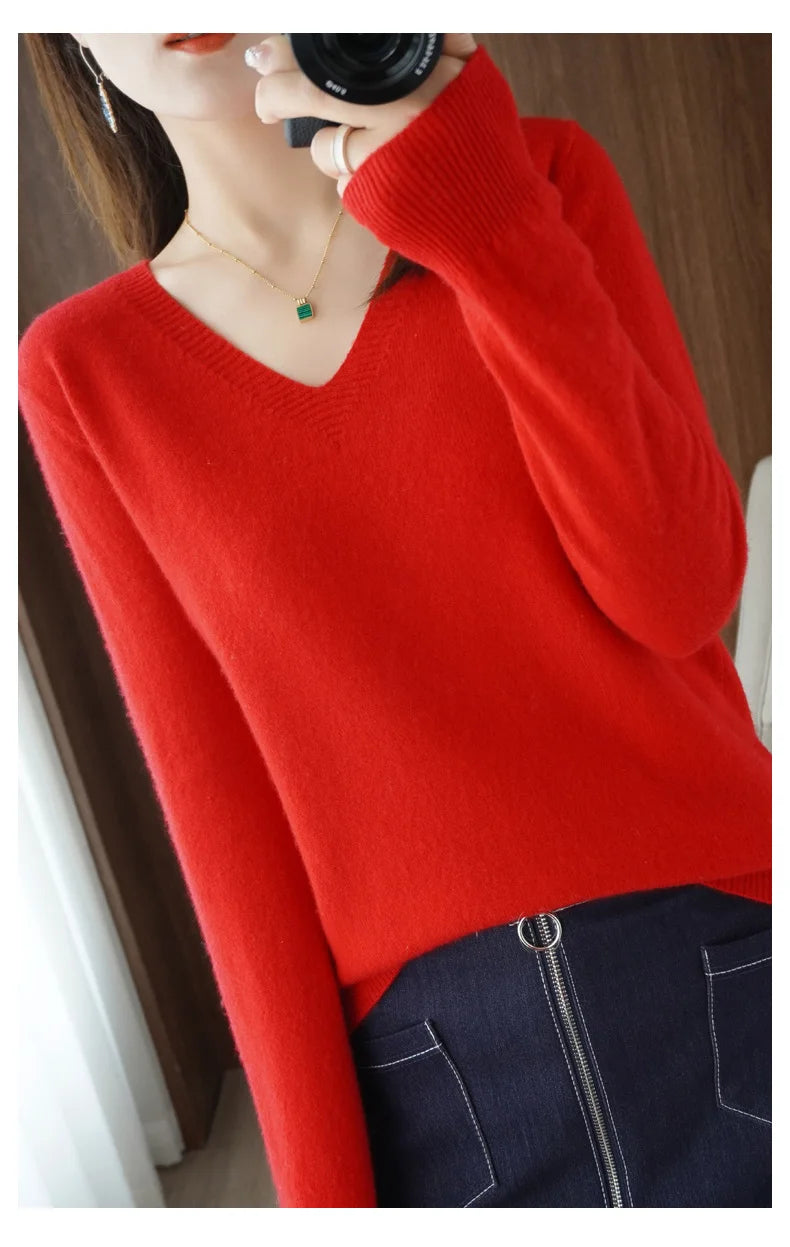 Lace-Neck Hollow-Out V-Neck Knit Pullover