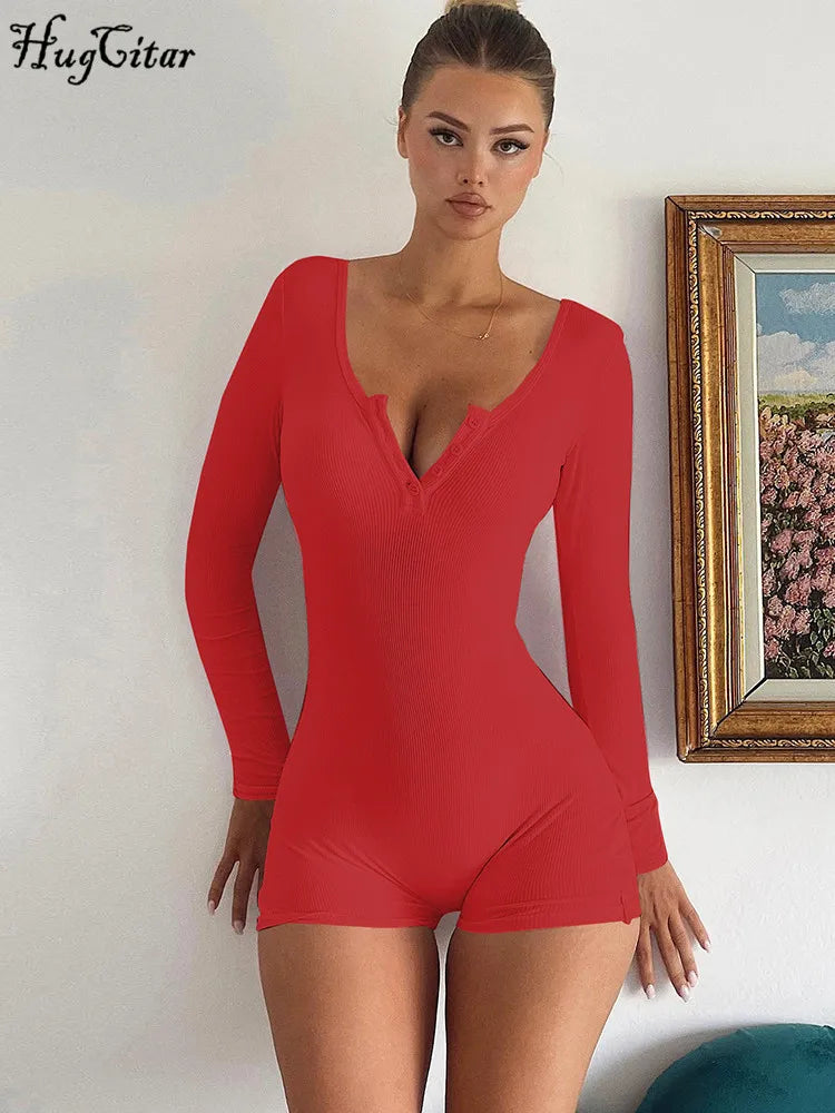 Hugcitar Spring Ribbed Solid Square Collar Long Sleeve Buttons Sexy Bodycon Skinny Playsuit Women Casual Romper Streetwear Sport