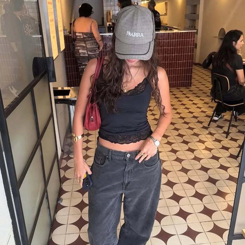 Black Lace Tank Top For Women V-Neck Backless Streetwear Spaghetti Patchwork Cropped Y2k Top Female Sexy Lace Vest 2026