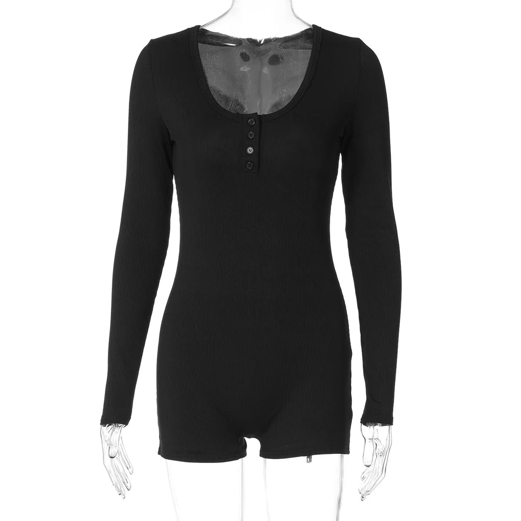 Hugcitar Spring Ribbed Solid Square Collar Long Sleeve Buttons Sexy Bodycon Skinny Playsuit Women Casual Romper Streetwear Sport