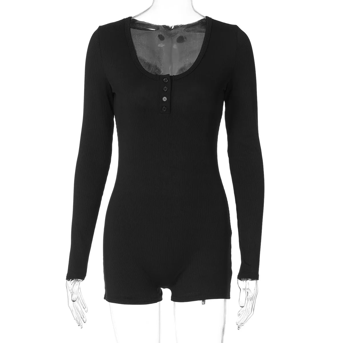 Hugcitar Spring Ribbed Solid Square Collar Long Sleeve Buttons Sexy Bodycon Skinny Playsuit Women Casual Romper Streetwear Sport