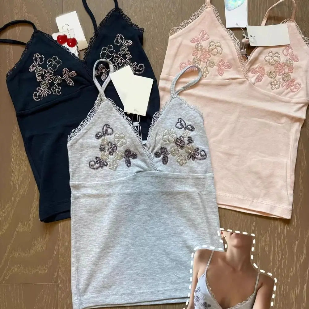 Floral Embroidery Lace Camisole Sleeveless Slim Fit Off Shoulder Camisole Stretchy Rhinestone Lace Top for Fashionable Girls
