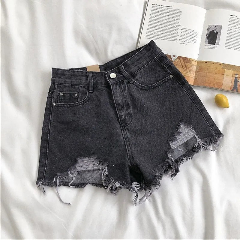 High-Waist Ripped Tassel Denim Shorts