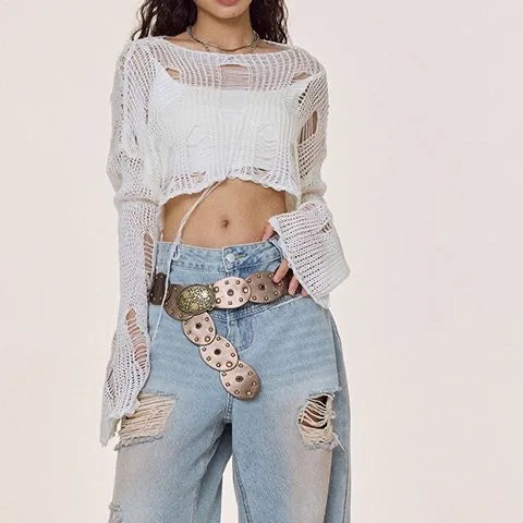 Y2K Hollow-Out Crop Sweater