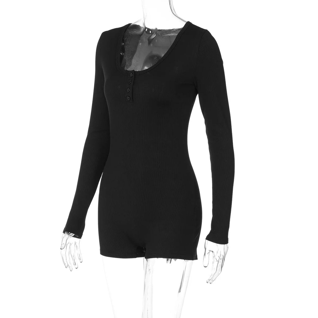 Hugcitar Spring Ribbed Solid Square Collar Long Sleeve Buttons Sexy Bodycon Skinny Playsuit Women Casual Romper Streetwear Sport