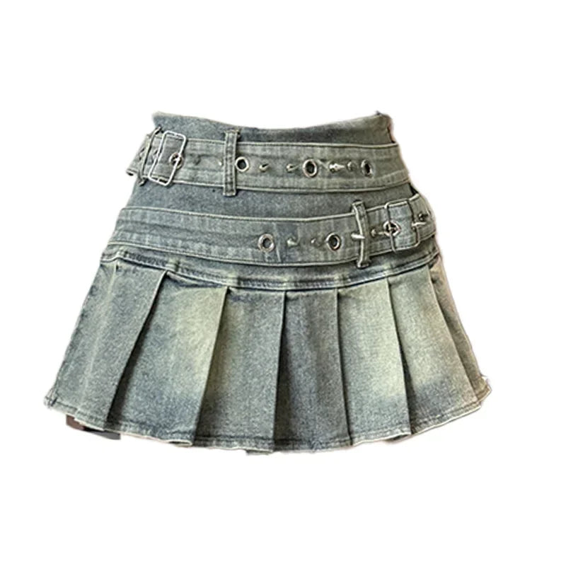 Y2K Riveted Belt A-Line Denim Mini Skirt