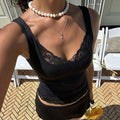 Black Lace Tank Top For Women V-Neck Backless Streetwear Spaghetti Patchwork Cropped Y2k Top Female Sexy Lace Vest 2026