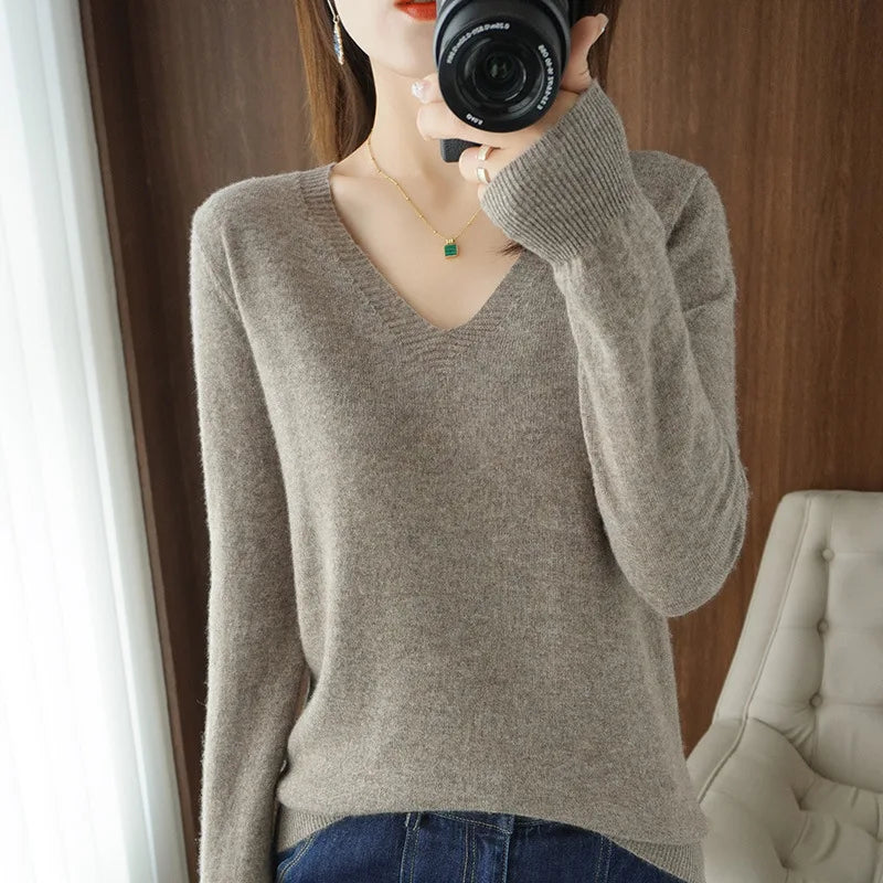 Lace-Neck Hollow-Out V-Neck Knit Pullover